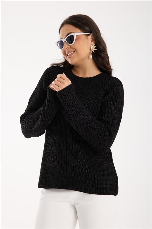Wholesale Women Black Crew-Neck Lurex Rib Knit Sweater with Raglan Sleeves
