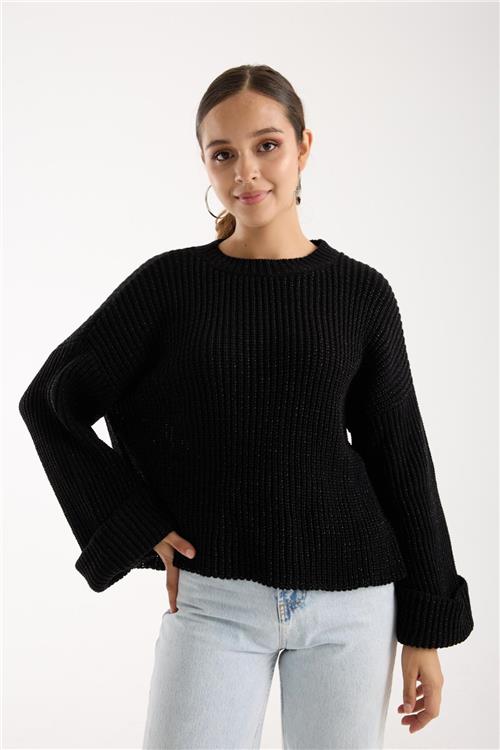 Wholesale Women Black Lurex Rib Knit Oversized Crew-Neck Sweater