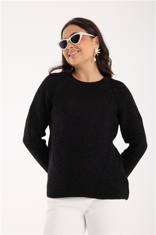 Wholesale Women Black Crew-Neck Lurex Rib Knit Sweater with Raglan Sleeves