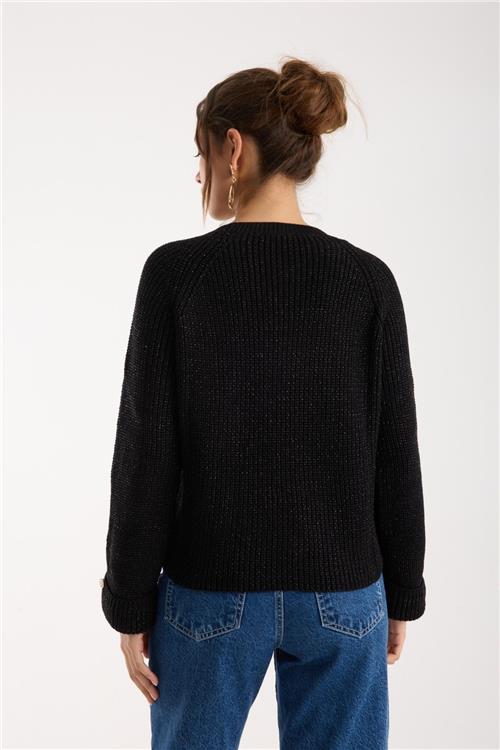 Wholesale Women Black Lurex Crew-Neck Knit Blouse with Raglan Sleeves and Single Button Cuffs
