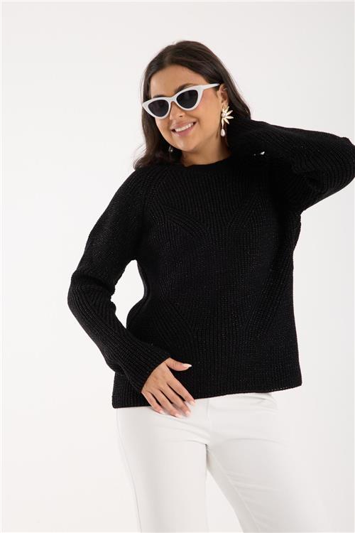 Wholesale Women Black Crew-Neck Lurex Rib Knit Sweater with Raglan Sleeves