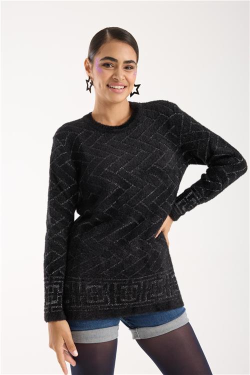 Wholesale Women Black Lurex Crew-Neck Knit Blouse with Side Slits