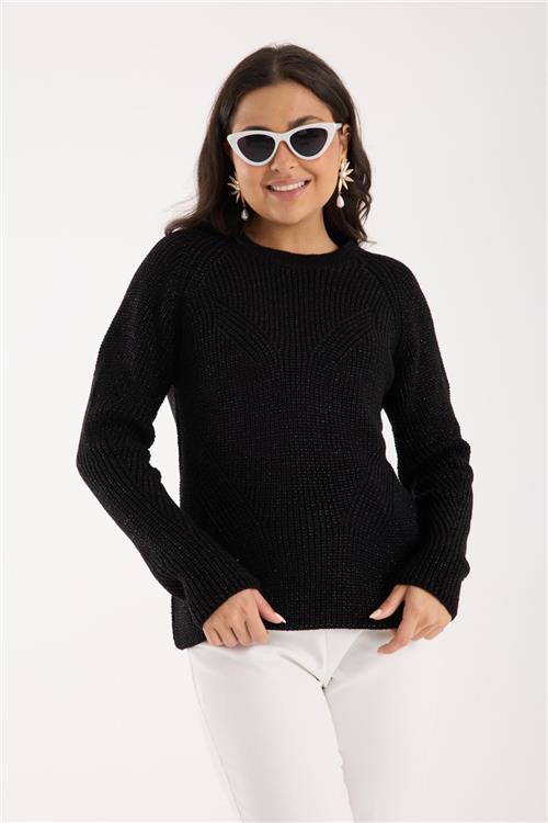 Wholesale Women Black Crew-Neck Lurex Rib Knit Sweater with Raglan Sleeves