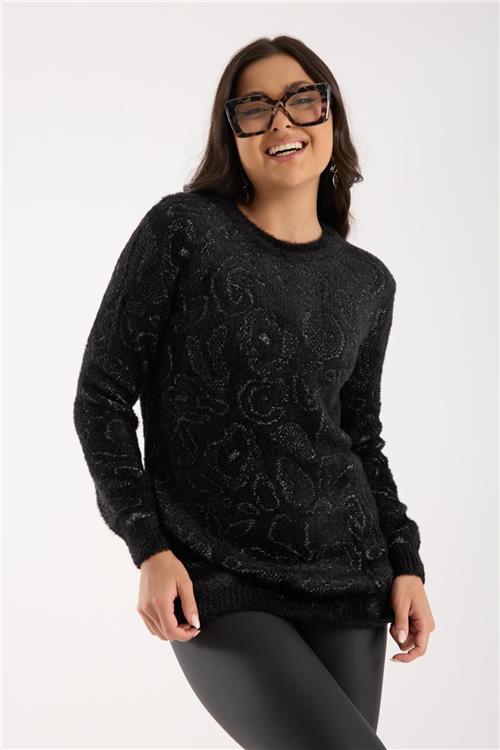 Wholesale Women Black-Silver Lurex Crew-Neck Knit Blouse with Side Slits