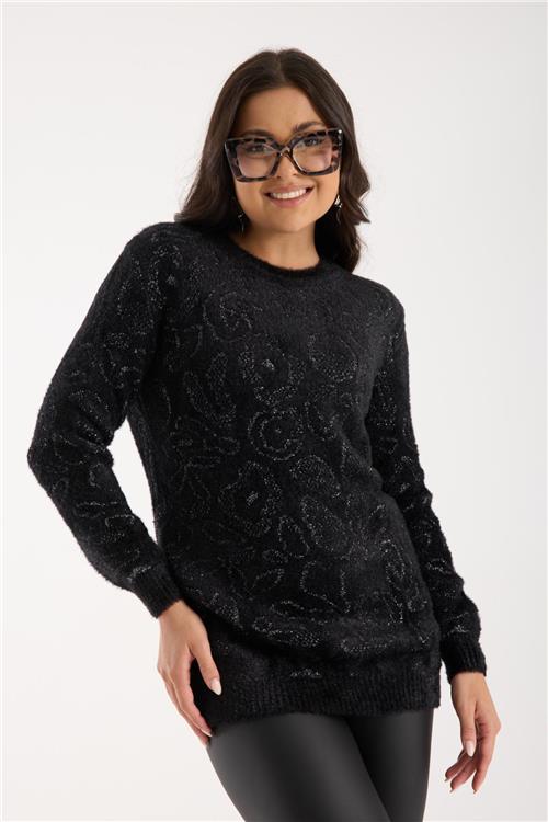 Wholesale Women Black-Silver Lurex Crew-Neck Knit Blouse with Side Slits