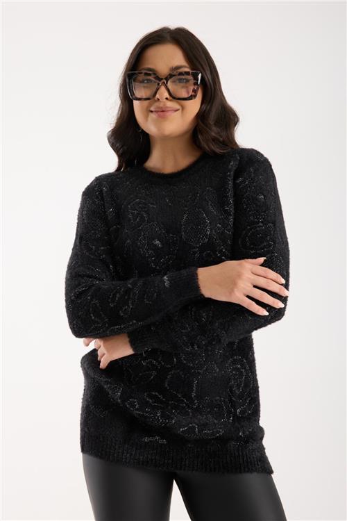 Wholesale Women Black-Silver Lurex Crew-Neck Knit Blouse with Side Slits