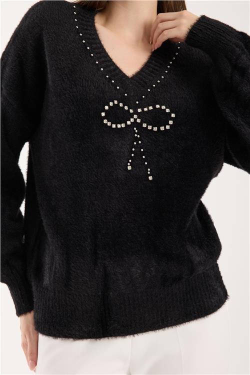 Wholesale Women Black V-Neck Knit Blouse with Rhinestone and Pearl Embellishments