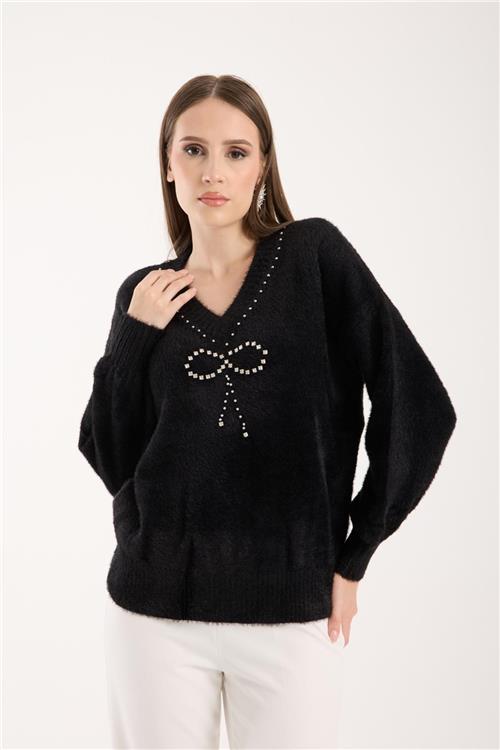 Wholesale Women Black V-Neck Knit Blouse with Rhinestone and Pearl Embellishments