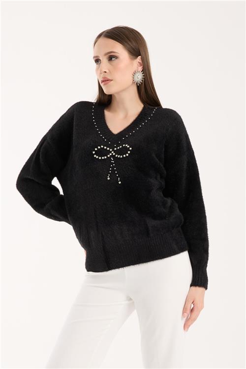 Wholesale Women Black V-Neck Knit Blouse with Rhinestone and Pearl Embellishments