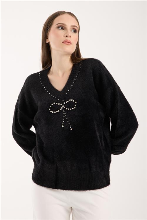 Wholesale Women Black V-Neck Knit Blouse with Rhinestone and Pearl Embellishments