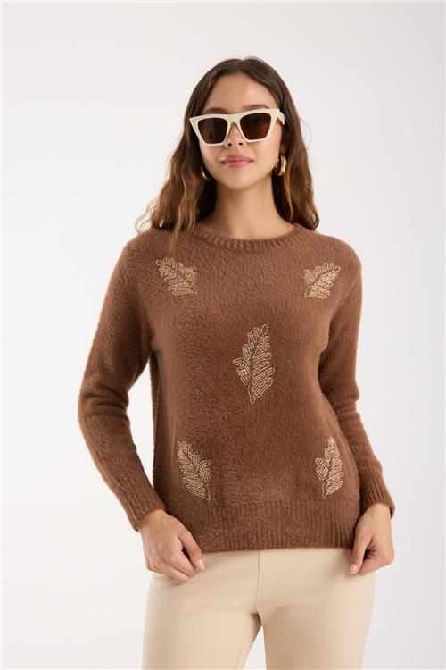 Wholesale Women Brown Crew-Neck Knit Blouse with Beaded Embroidery