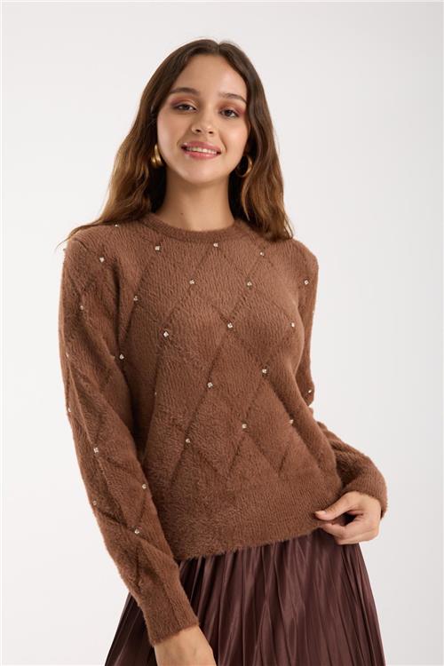 Wholesale Women Brown Crew-Neck Knit Blouse with Rhinestone Embellishments