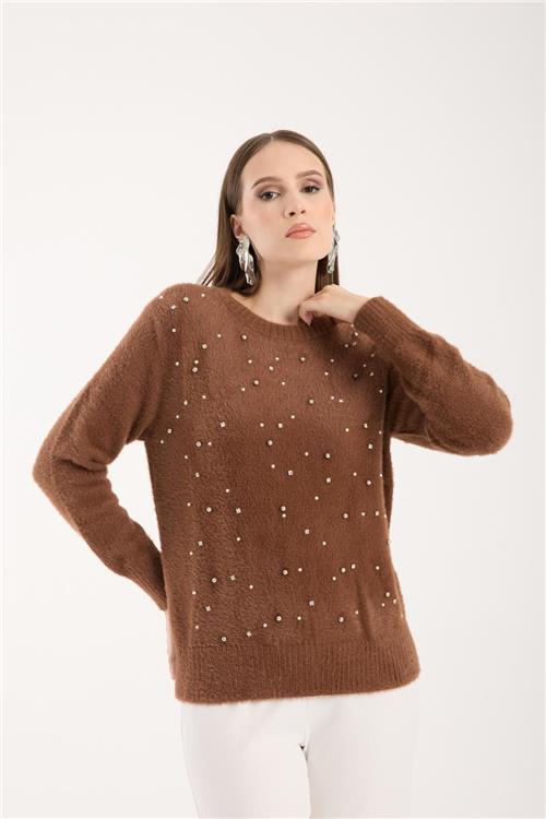 Wholesale Women Brown Crew-Neck Knit Blouse with Rhinestone and Pearl Embellishments