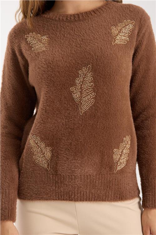 Wholesale Women Brown Crew-Neck Knit Blouse with Beaded Embroidery