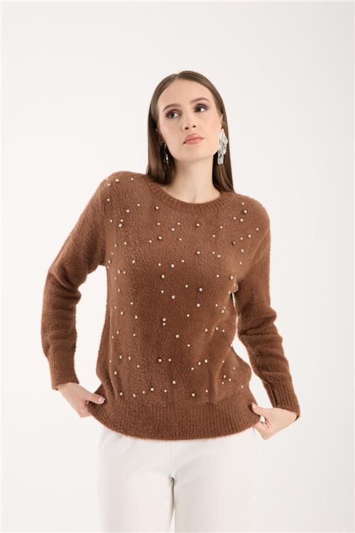 Wholesale Women Brown Crew-Neck Knit Blouse with Rhinestone and Pearl Embellishments