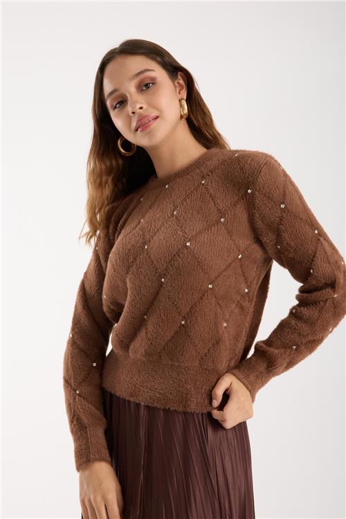 Wholesale Women Brown Crew-Neck Knit Blouse with Rhinestone Embellishments