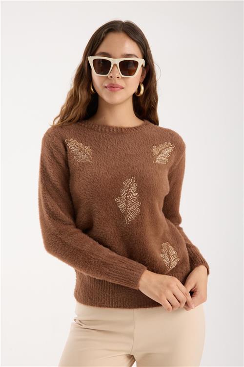 Wholesale Women Brown Crew-Neck Knit Blouse with Beaded Embroidery