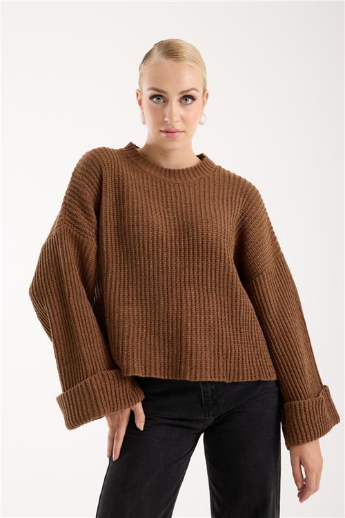 Wholesale Women Brown Lurex Rib Knit Oversized Crew-Neck Sweater