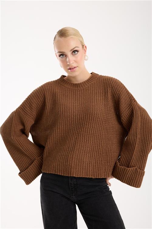 Wholesale Women Brown Lurex Rib Knit Oversized Crew-Neck Sweater