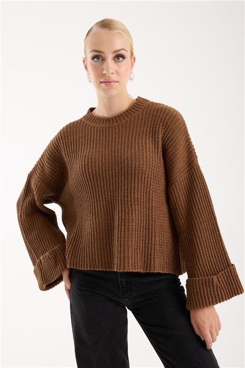 Wholesale Women Brown Lurex Rib Knit Oversized Crew-Neck Sweater