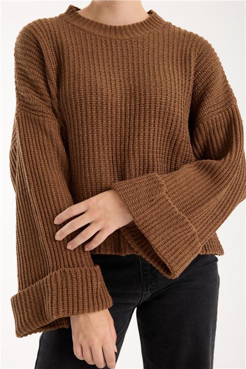 Wholesale Women Brown Lurex Rib Knit Oversized Crew-Neck Sweater