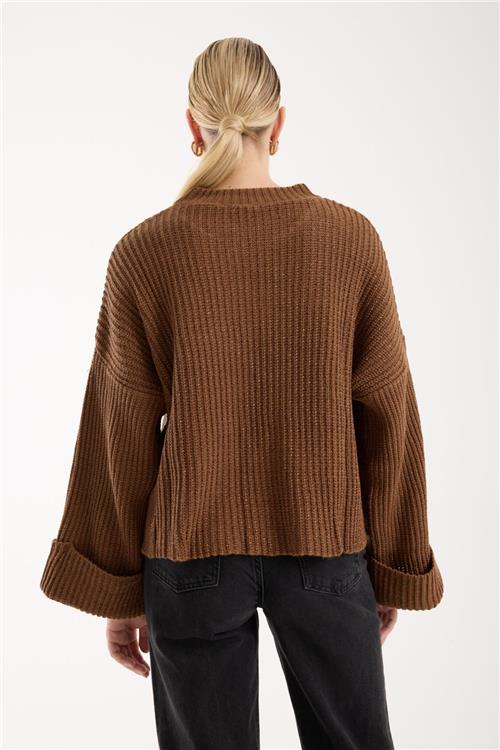 Wholesale Women Brown Lurex Rib Knit Oversized Crew-Neck Sweater