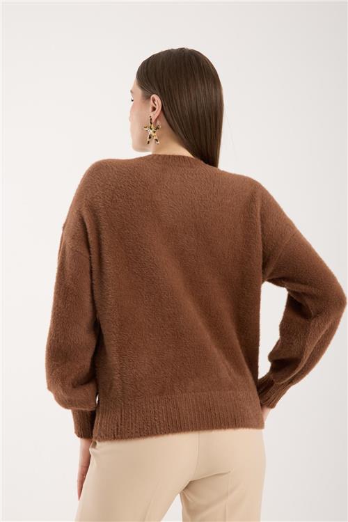 Wholesale Women Brown V-Neck Knit Blouse with Rhinestone and Pearl Embellishments