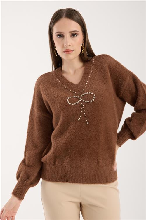 Wholesale Women Brown V-Neck Knit Blouse with Rhinestone and Pearl Embellishments
