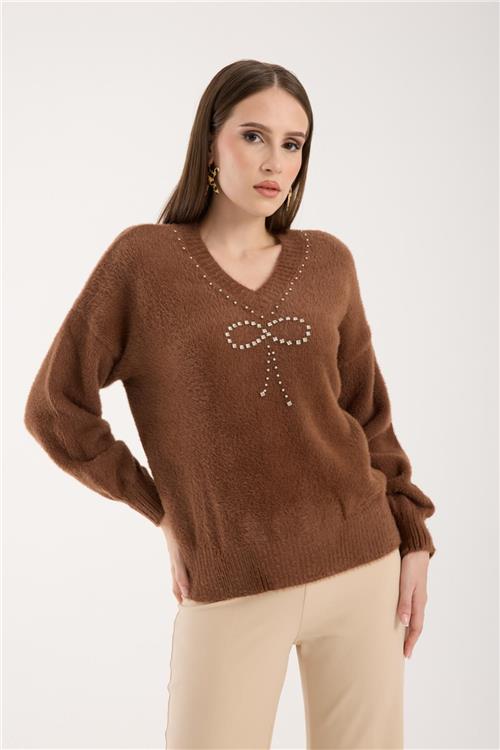 Wholesale Women Brown V-Neck Knit Blouse with Rhinestone and Pearl Embellishments