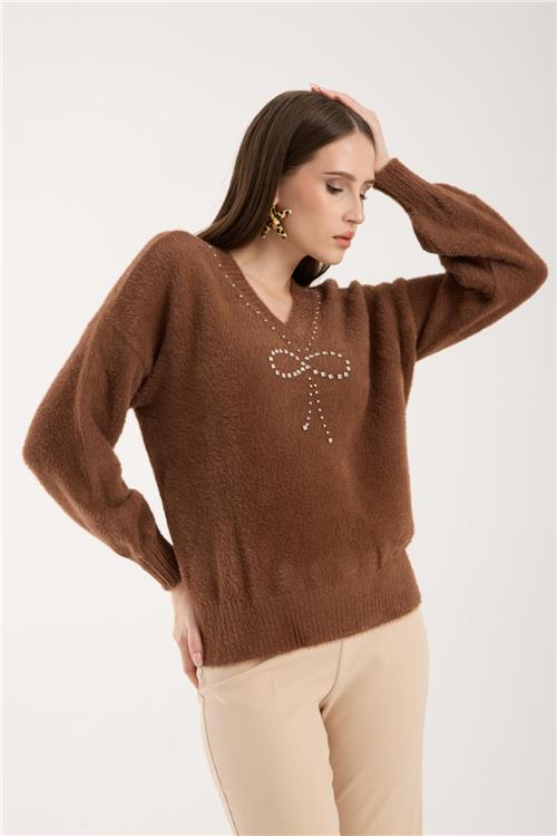 Wholesale Women Brown V-Neck Knit Blouse with Rhinestone and Pearl Embellishments