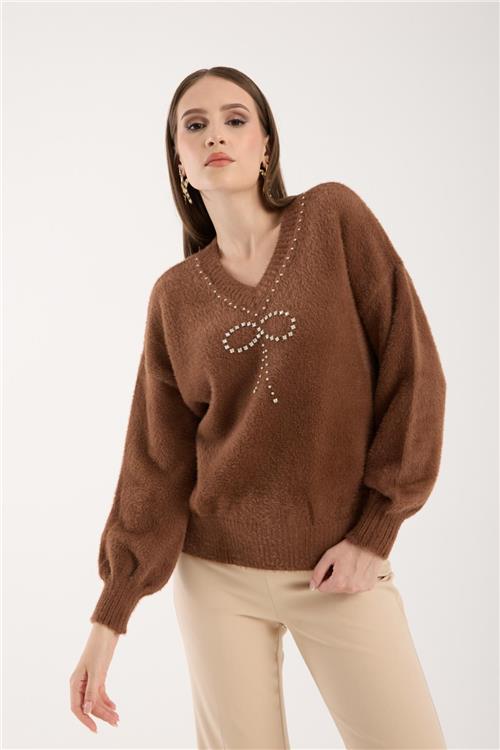Wholesale Women Brown V-Neck Knit Blouse with Rhinestone and Pearl Embellishments