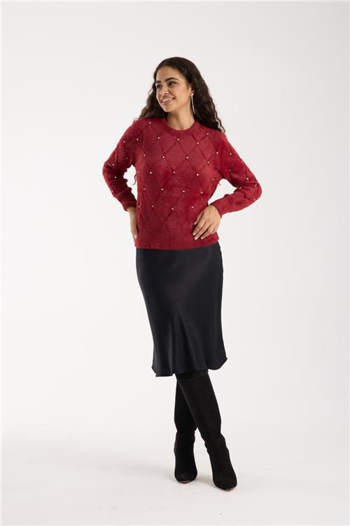 Wholesale Women Burgundy Crew-Neck Knit Blouse with Rhinestone Embellishments