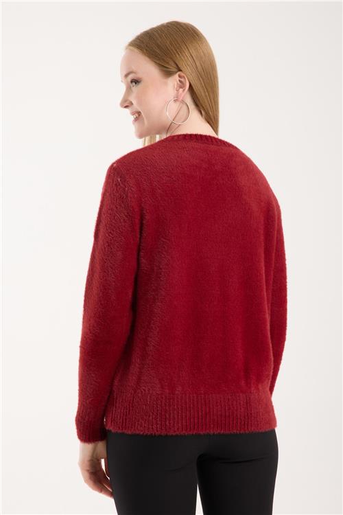 Wholesale Women Burgundy Crew-Neck Knit Blouse with Rhinestone and Pearl Embellishments