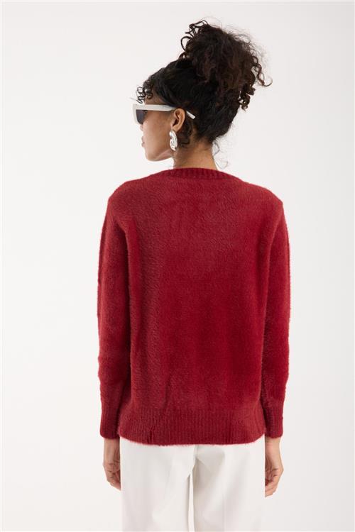 Wholesale Women Burgundy Crew-Neck Knit Blouse with Beaded Embroidery