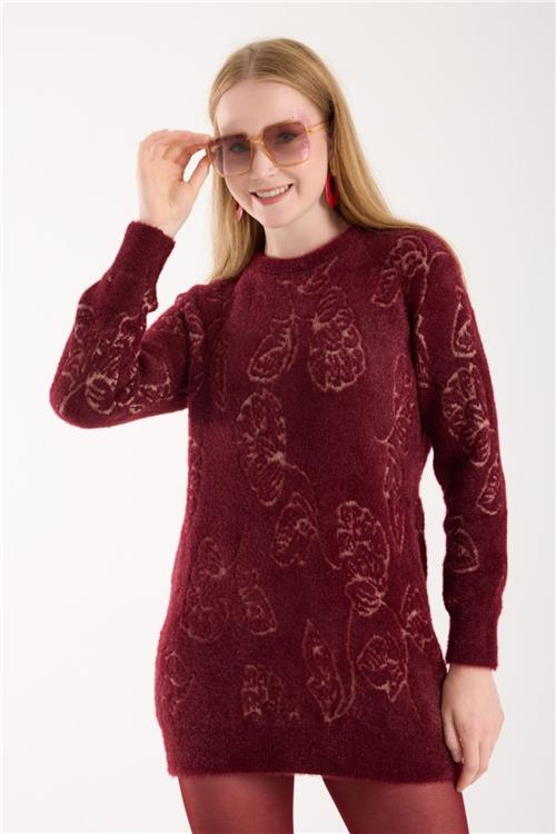 Wholesale Women Burgundy Crew-Neck Knit Blouse with Leaf Pattern