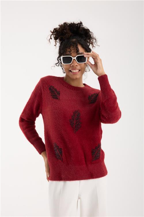 Wholesale Women Burgundy Crew-Neck Knit Blouse with Beaded Embroidery
