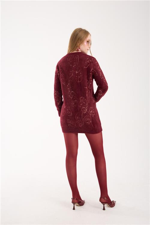 Wholesale Women Burgundy Crew-Neck Knit Blouse with Leaf Pattern