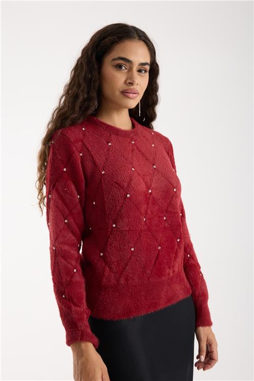 Wholesale Women Burgundy Crew-Neck Knit Blouse with Rhinestone Embellishments