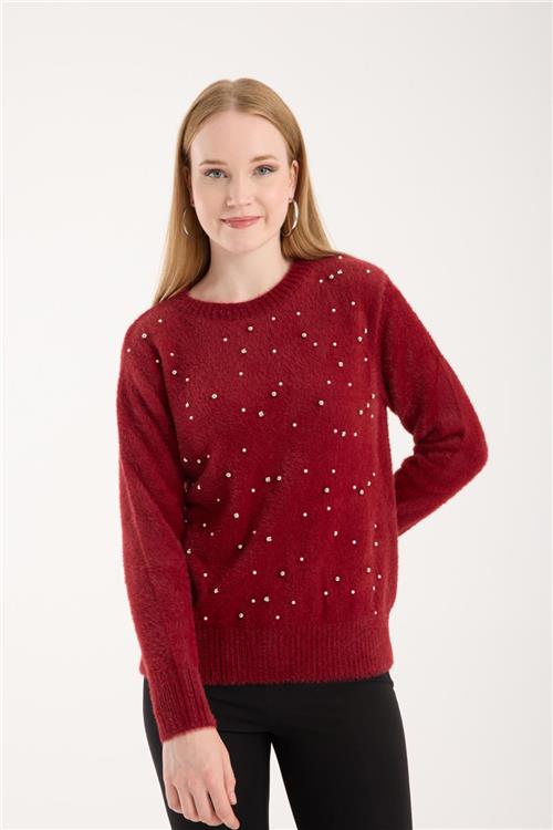 Wholesale Women Burgundy Crew-Neck Knit Blouse with Rhinestone and Pearl Embellishments