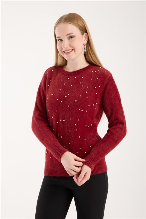 Wholesale Women Burgundy Crew-Neck Knit Blouse with Rhinestone and Pearl Embellishments