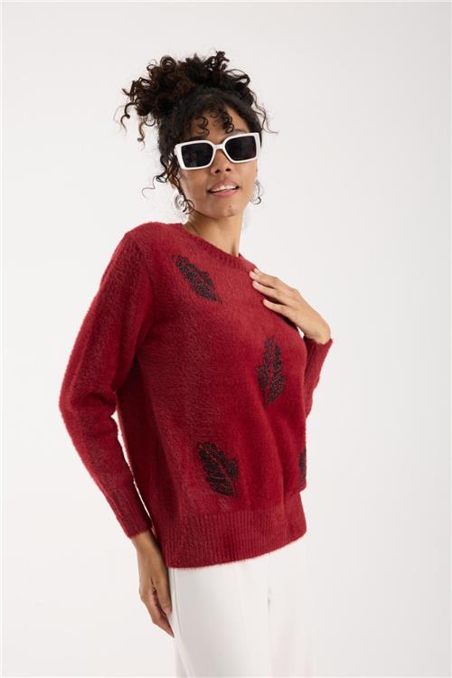 Wholesale Women Burgundy Crew-Neck Knit Blouse with Beaded Embroidery