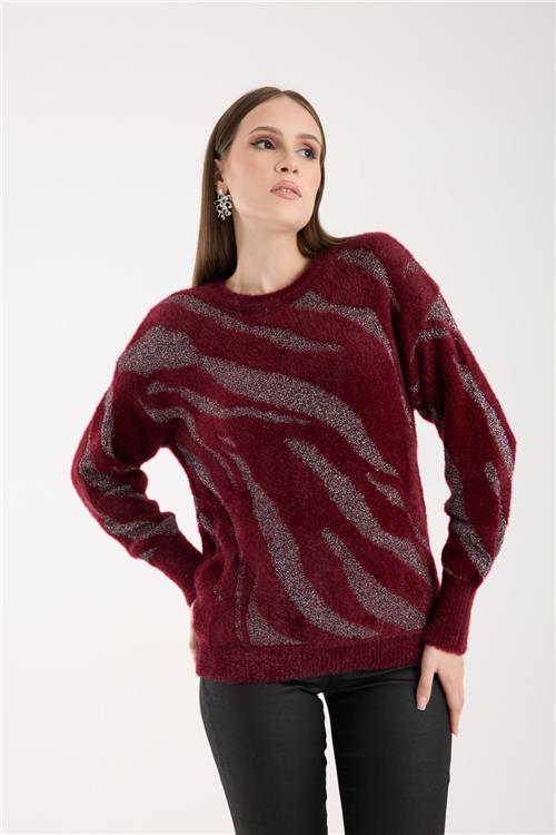 Wholesale Women Burgundy Lurex Crew-Neck Knit Blouse with Bishop Sleeves