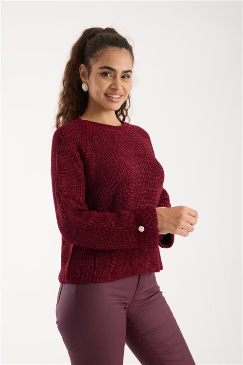Wholesale Women Burgundy Lurex Crew-Neck Knit Blouse with Raglan Sleeves and Single Button Cuffs