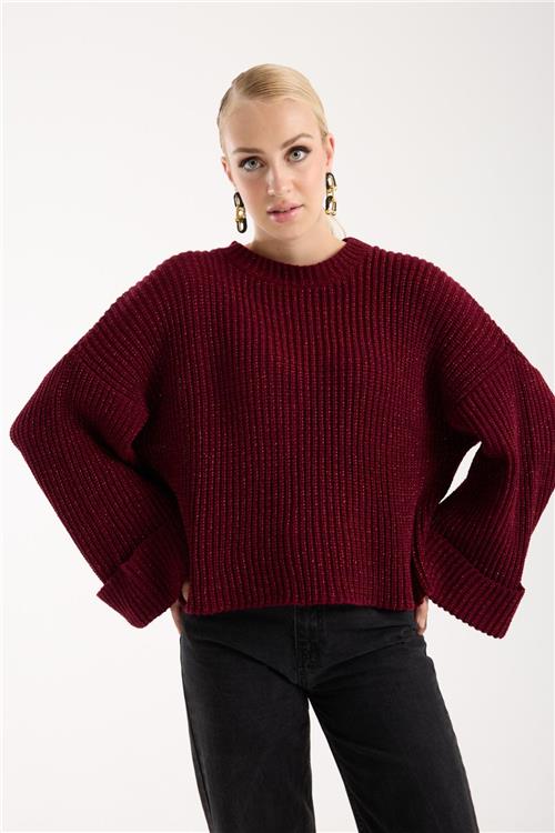 Wholesale Women Burgundy Lurex Rib Knit Oversized Crew-Neck Sweater
