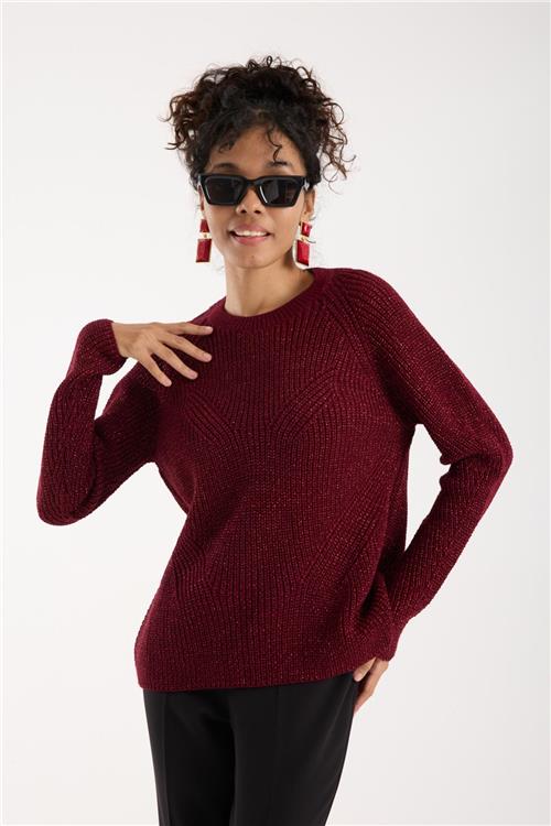 Wholesale Women Burgundy Crew-Neck Lurex Rib Knit Sweater with Raglan Sleeves