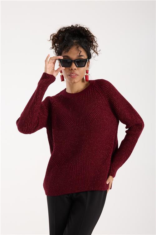 Wholesale Women Burgundy Crew-Neck Lurex Rib Knit Sweater with Raglan Sleeves