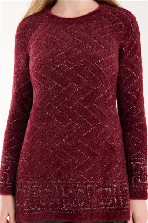 Wholesale Women Burgundy Lurex Crew-Neck Knit Blouse with Side Slits