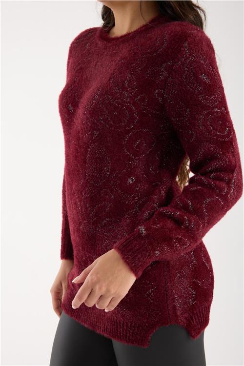 Wholesale Women Burgundy Lurex Crew-Neck Knit Blouse with Side Slits