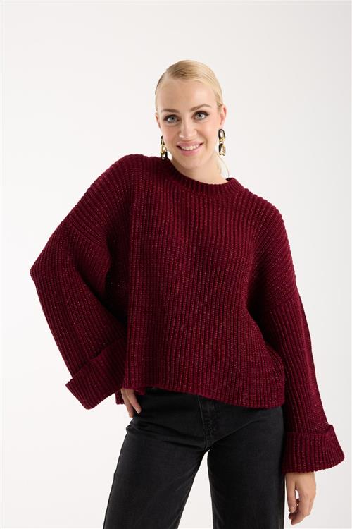 Wholesale Women Burgundy Lurex Rib Knit Oversized Crew-Neck Sweater