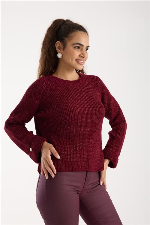 Wholesale Women Burgundy Lurex Crew-Neck Knit Blouse with Raglan Sleeves and Single Button Cuffs